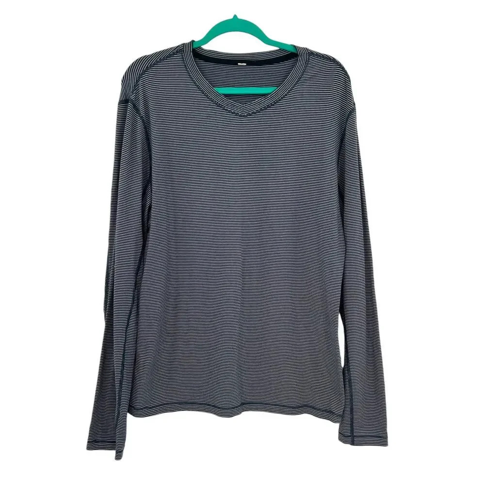 Lululemon Speed Long Sleeve Smallish Stripe Black Iris Blue‎ / Smooth Silver XL